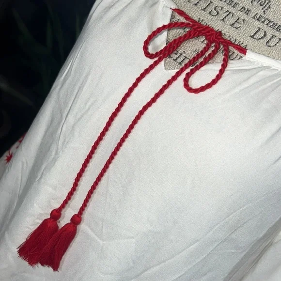 CC Chic Connection white tunic long shirt red embroidery tassel tie dress Small​ - Picture 5 of 16
